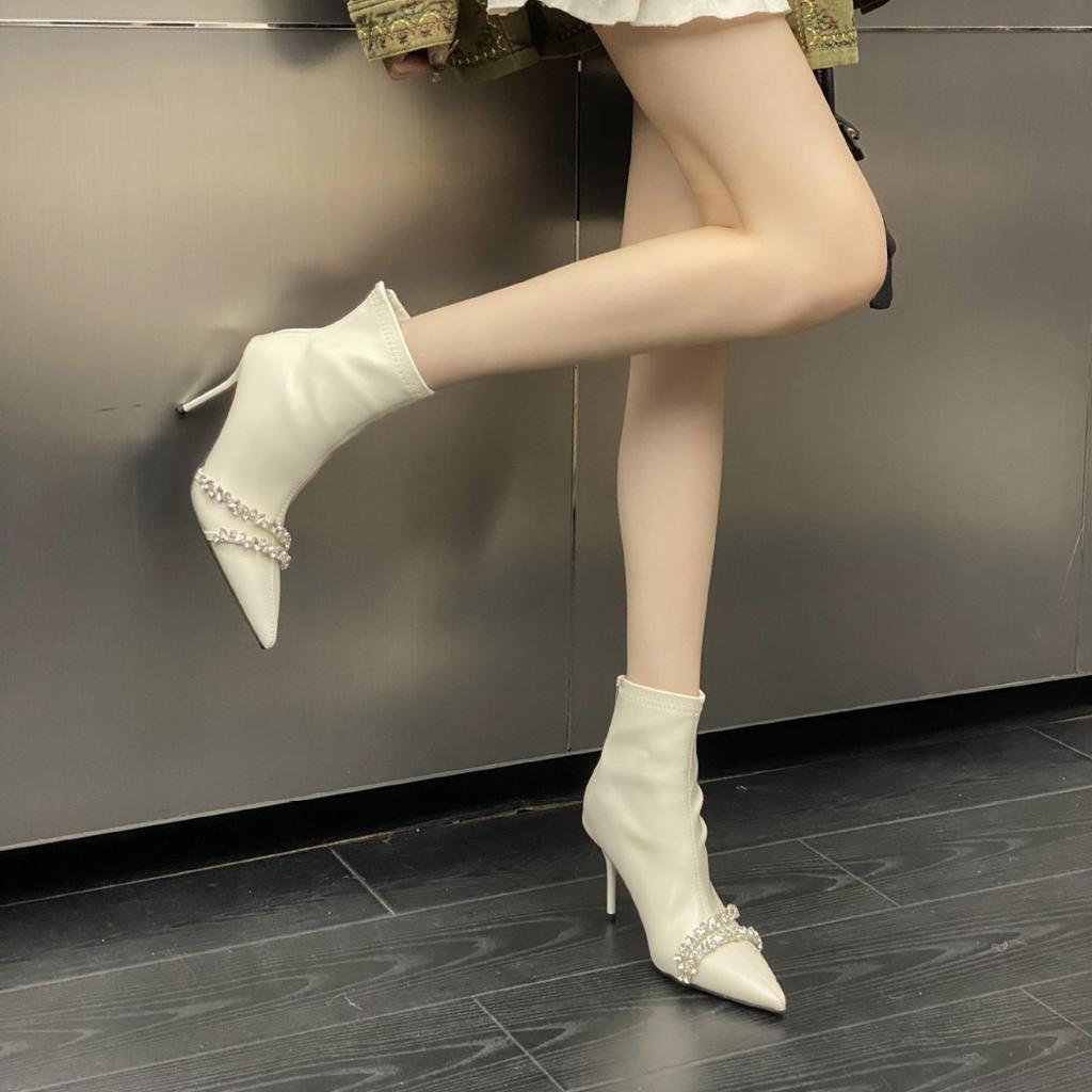 2025 autumn and winter new pointed crystal chain elastic high-heeled short boots fashionable versatile stiletto Martin boots