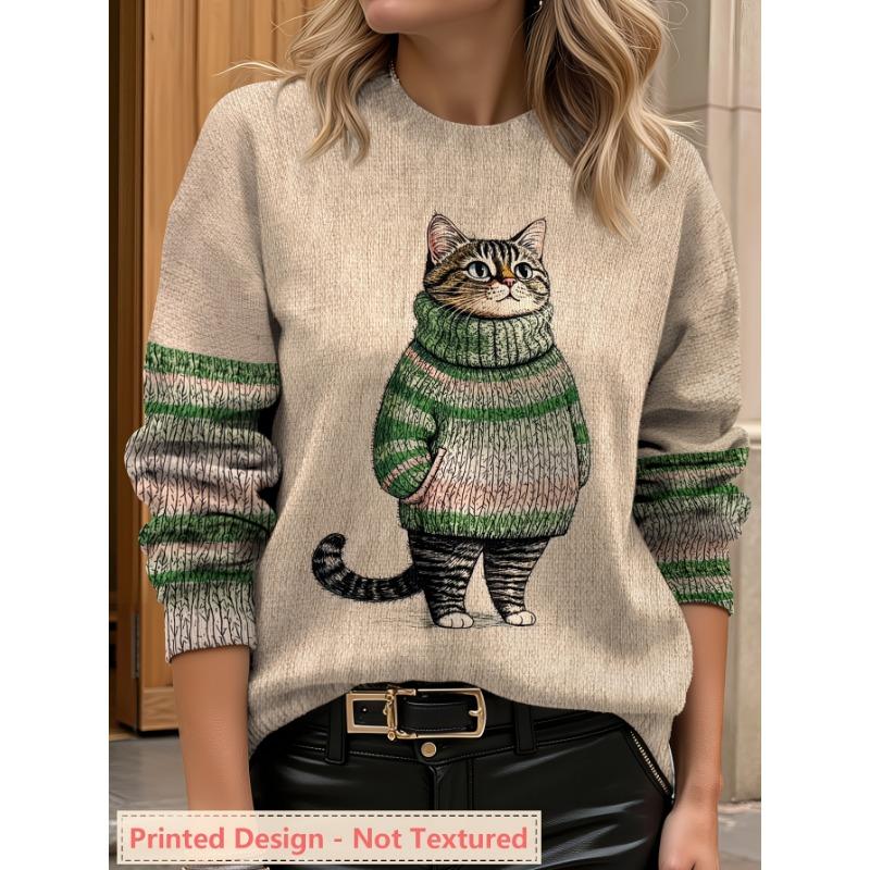 Trendy Women's All Over Printed Long Sleeve Lightweight Sweater | Ultra HD Cat Pattern, Universal Crew Neck | Casual Elegance Style