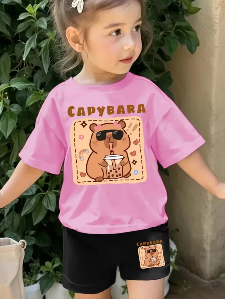 Girls Summer 2 Piece Set Cute Capybara Animal Print Short Sleeve Top And Shorts Casual Outfit For Kids Daily Wear