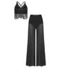S-XXL Women Lyrical Dance Crop Top V Neck Sleeveless Back Crossing Fringe with Mesh Wide Leg Pants Built-in Briefs for Modern Dance Performance