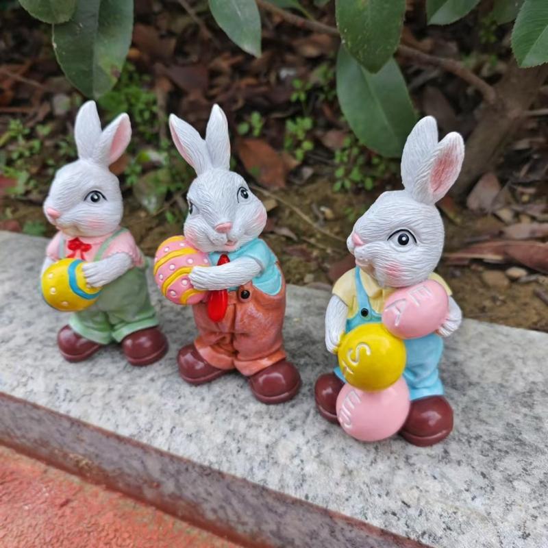 Easters Rabbit Sculpture Colorful Bunnies with Eggs Resins Figurine Statue Ornament for Home and Garden Decoration Gift