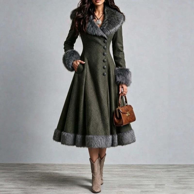 Womens Boho Western Wool Blend Long Coat With Removable Faux Fur Collar Slim Fit
