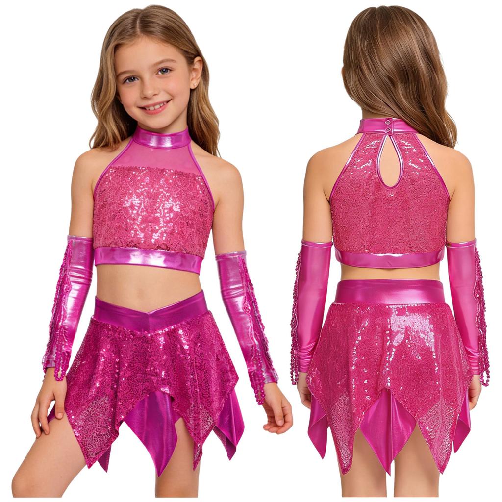 Kids Girls Jazz Dance Performance Outfit Sleeveless Keyhole Back Sparkly Sequins Crop Top with Asymmetric Metallic Skirt and Sequined Tassels Gloves