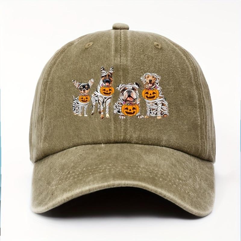 Halloween Pumpkin Puppy Printed Baseball Hat for Men and Women, Adjustable Black Holiday Design Perfect for Halloween Parties