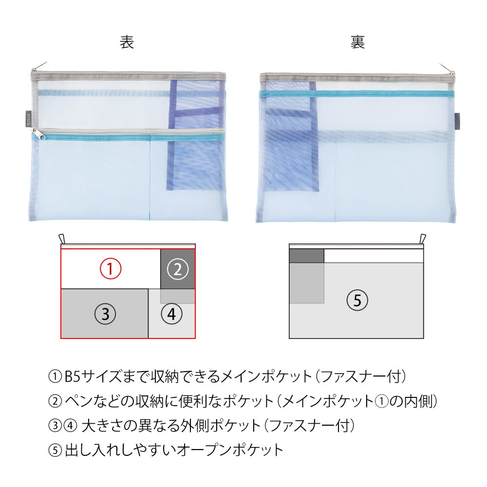 Midori Multi-Pouch Pen & Tool Pouch, B5, Mesh, Light Blue, 53356006