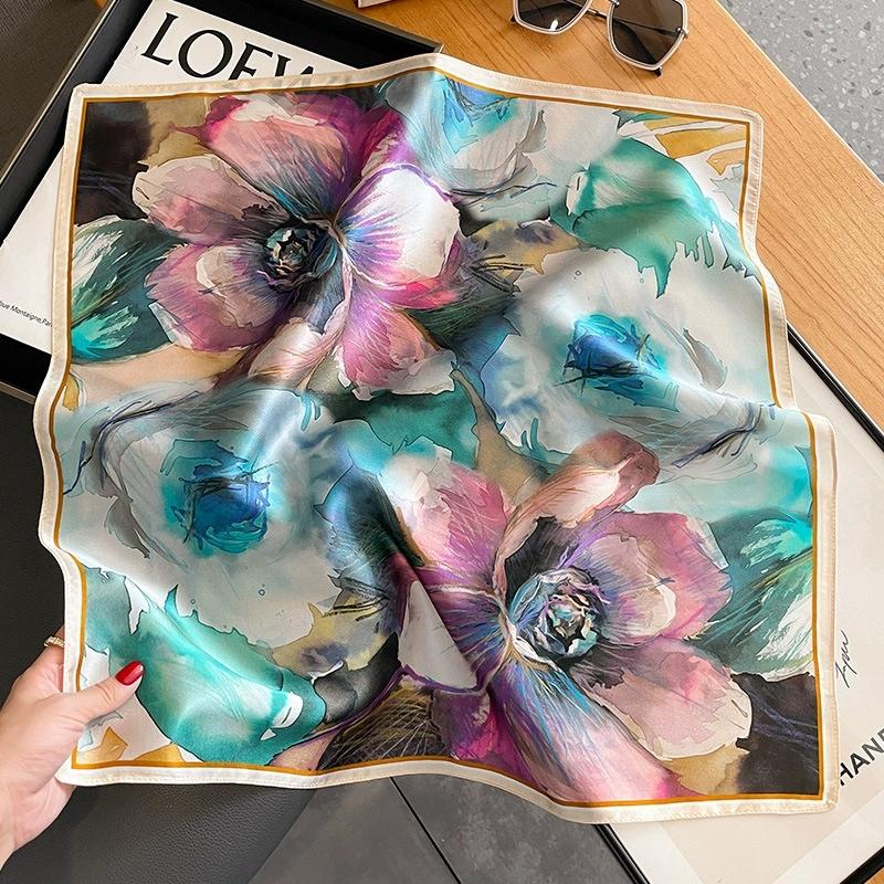 Autumn/Winter New Oil Painting Silk Square Scarf for Women Floral Printed Mulberry Silk Hairband Neckerchief for Women