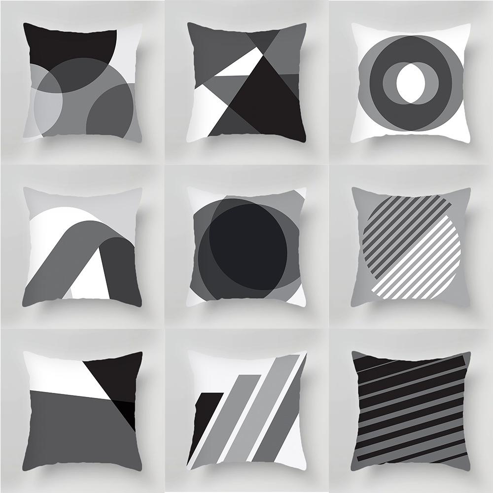 Black and White Gray Geometric Cushion Cover Living Room Office Sofa Pillow Cover Nordic Home Decoration Peach Skin Pillow Cover