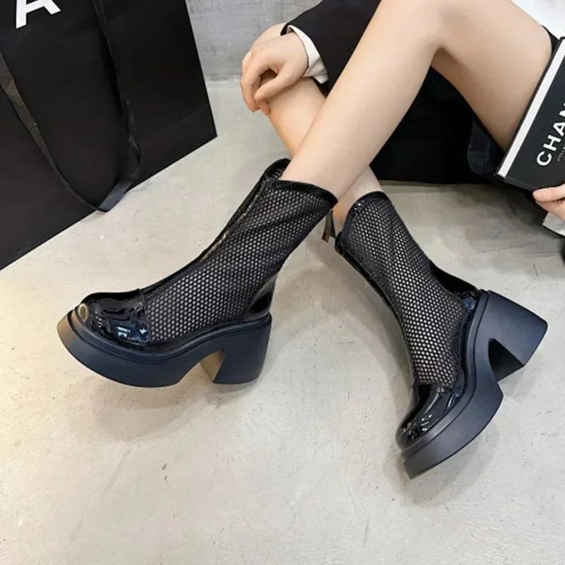 2026 Summer New Fashion round Head High Heel Waterproof Platform Thick Bottom Short Boots Mesh Casual Women's Boots round Toe
