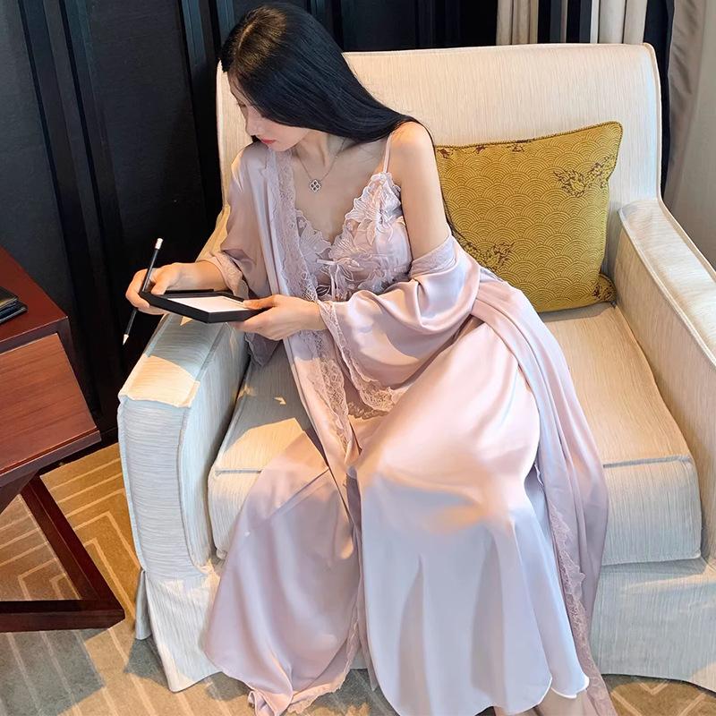 French sexy pajamas women's spring and autumn ice silk long suspender pajamas, two summer pure desire long skirts and robes with chest pads