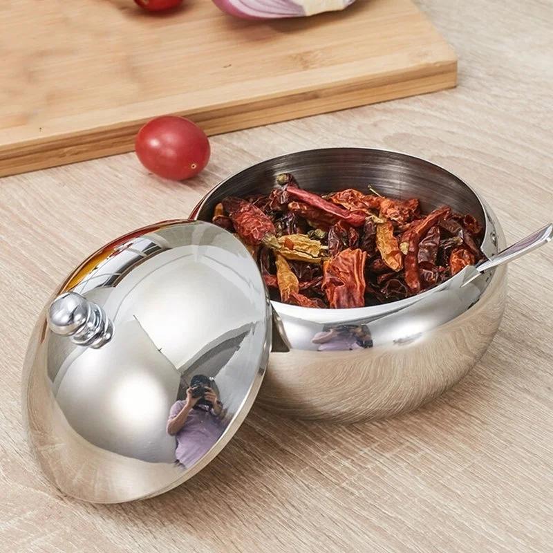 Stainless Steel Seasoning Jar Sugar Cereal Spice Bottle Bowl Drum-Shaped with Spoon Lid Kitchen Storage Pot Home Gadgets