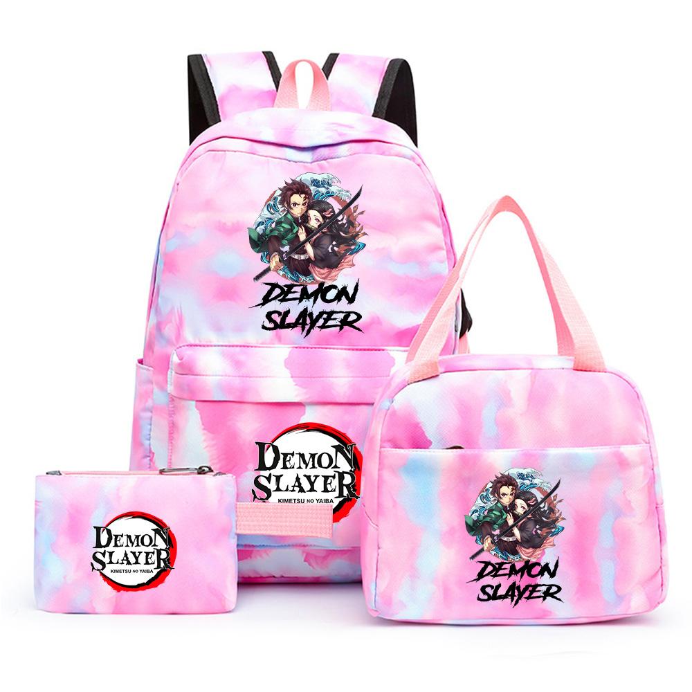 3 st/set Anime Demon Slayer Tryckt Ryggsäck med Matlåda Pennfodral för Tonåring Tillbaka till Skolan Stor Kapacitet Vattentät Skolväska Flickpojke Gåva