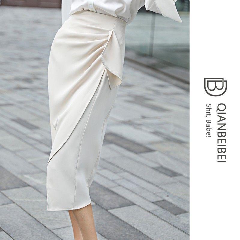 

Qianbeibei Модная кремово-белая юбка с оборками, разрезом на бедре, женская осенняя модная деловая юбка-костюм с высокой талией, юбка-карандаш Skirt L