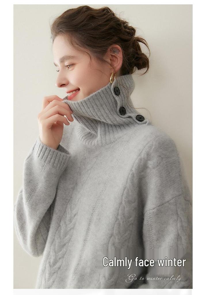 Women's Thickened Cashmere Cable Knit Sweater - Solid Color Base Layer Top for Autumn & Winter
