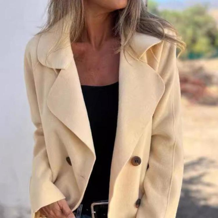 Women Winter Double Breasted Woolen Overcoat Turn Down Collar Loose Fit Thermal Long Sleeve Coat Solid Color Dating Commuting Outerwear