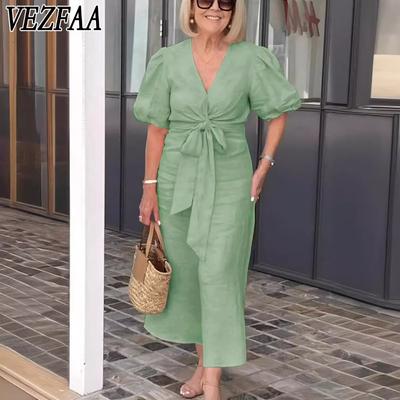 Women's Fashion Summer Spring Solid Color Print Short Sleeve V-Neck High Waist Casual Dresses