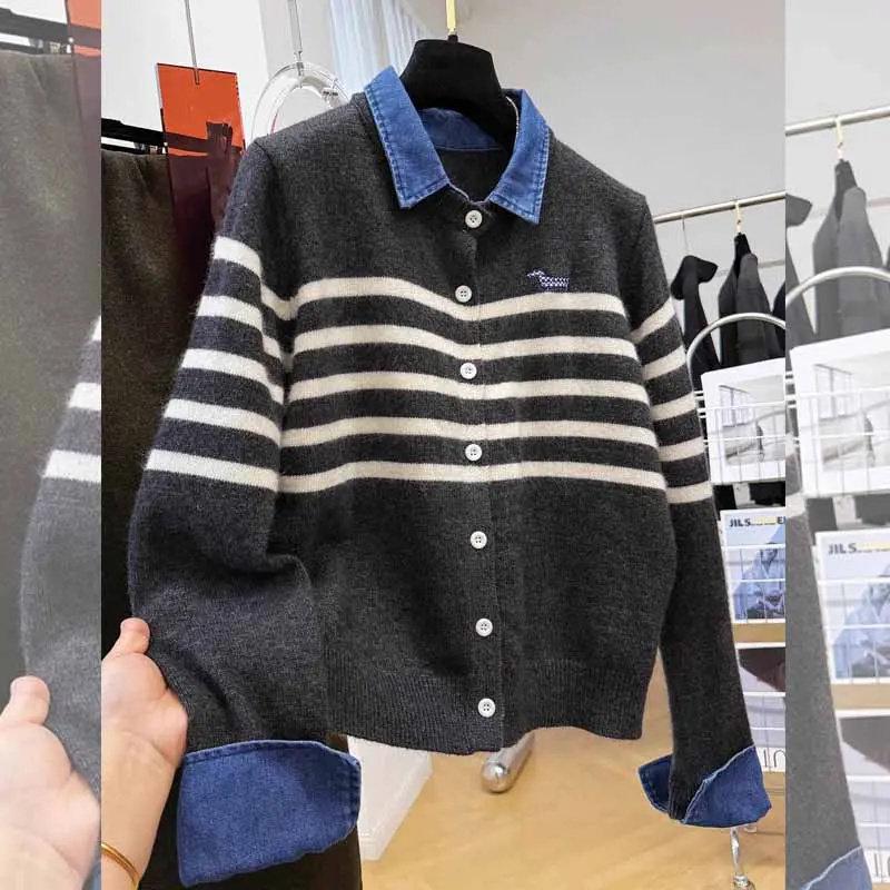 Women s Korean Style Patchwork Denim Knit Cardigan - Loose Fit, Single-Breasted, Slimming, Two-Piece Look XL
