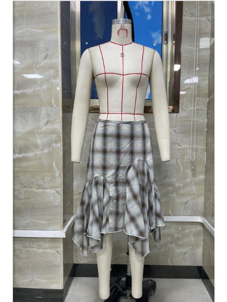 Plaid Patchwork High-Waisted Irregular Hem Midi Skirt