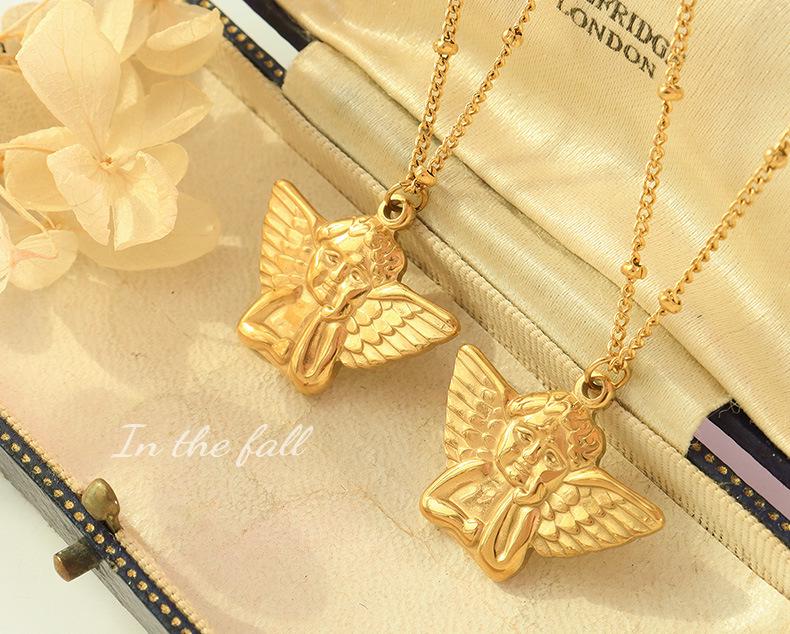 Women's 18K Gold Angel Pendant Necklace - European & American Hip Hop Style, Titanium Steel Clavicle Chain