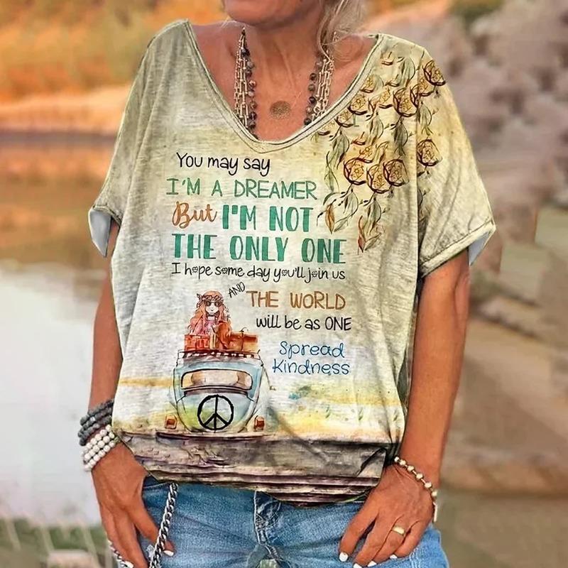 

Ретро принт букв V-образный вырез женская футболка с коротким рукавом повседневная одежда для выходных женская одежда оверсайз летняя футболка топ 2XL