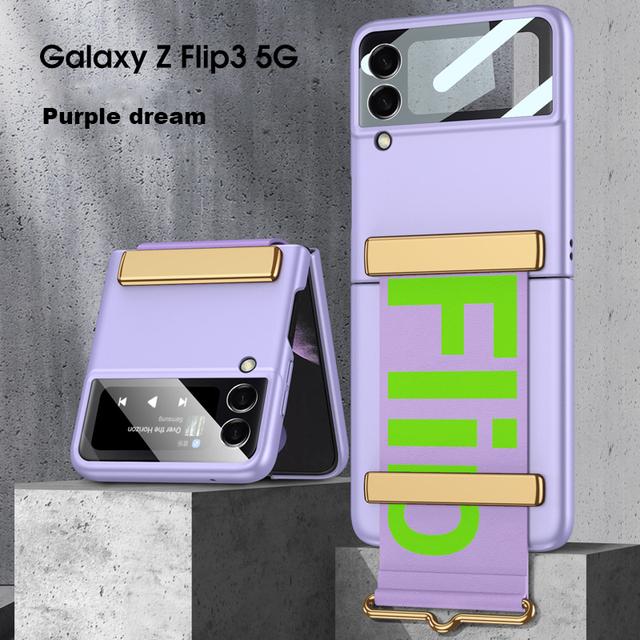 Case For Z Flip3 With Strap Len Camera Glass Protection Case For Samsung Galaxy Z Flip3 5g Case Wristband Plastic Pc Back Cover