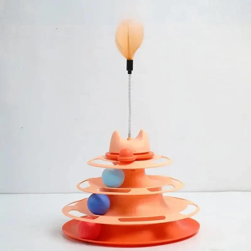 Four Layer Cat Toy Rotating Ball Cat Amusement Plate Automatic Cat Playing Stick Feather Cat Rotating Ball Space Tower Game Toy