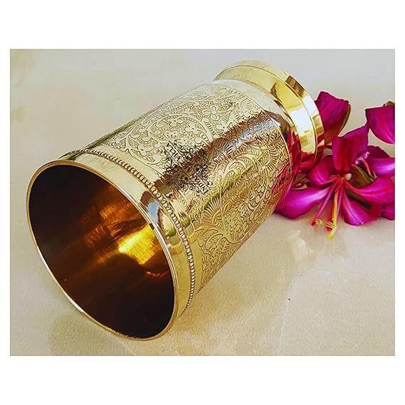 Pahar din Alama Pură cu Design Embosat, pentru Băut Servit Apă, Yoga & Ayurveda