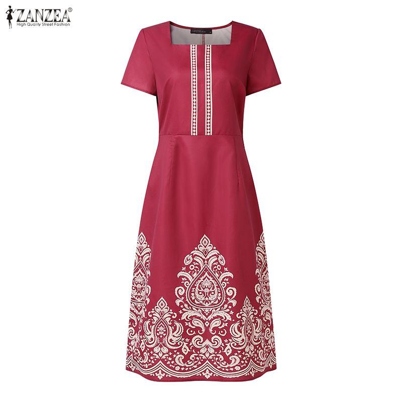 ZANZEA Women Elegant Square Collar Casual Short Sleeve Print Dress