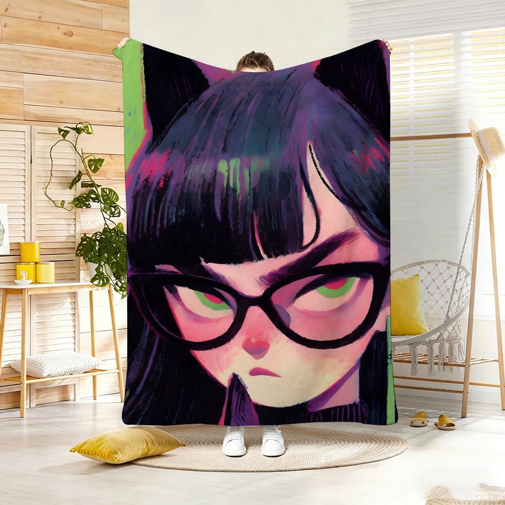 Artwork C-Cat Ear Girl Throw Lightweight 240g Flannel Blanket Soft Skin-friendly for Summer Cooling