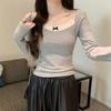 Sweet and spicy collar lace bow long-sleeved T-shirt women's spring splicing top bottoming shirt