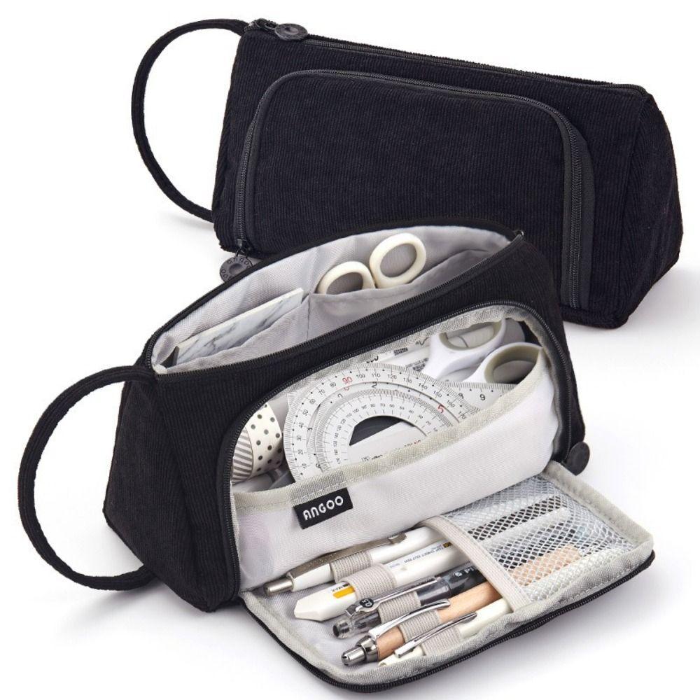 New Corduroy Pen Bag Large Capacity Double-layer Pencil Pouch Multifunctional Pen Box School Office