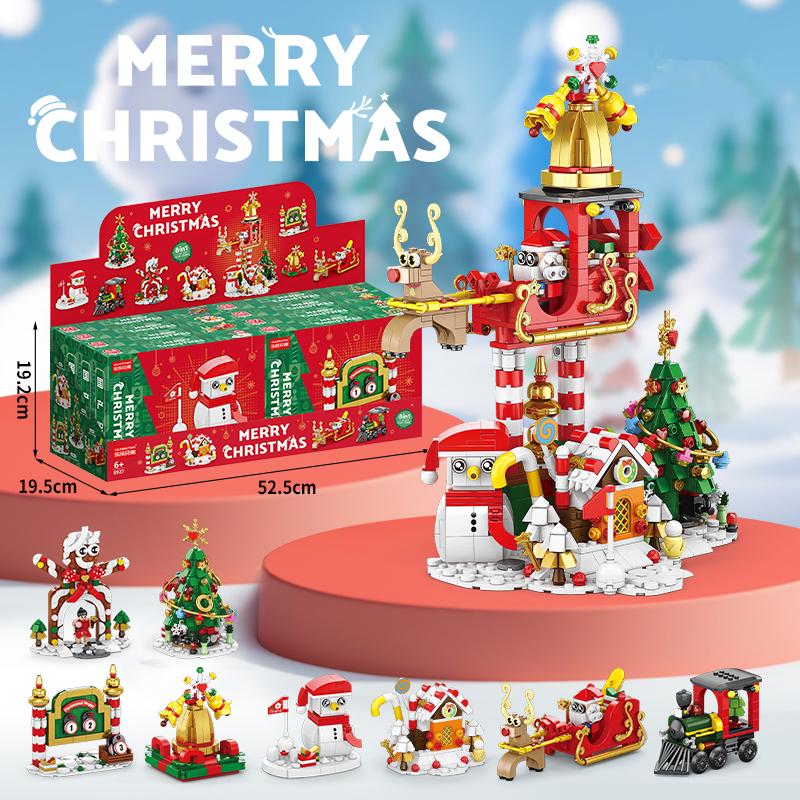DIY 8in1 Lights Christmas Elk Deer Santa Claus Train Architecture Store Street View Xmas Tree Snow House Building Block Kit Toy