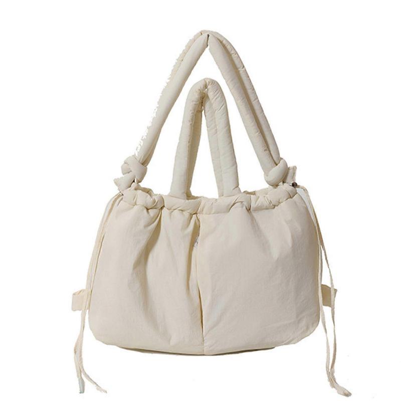 Women Puffer Backpack Solid Color Shoulder Bag with Adjustable Strap Simple Crossbody Bag Large Capacity Handbag White