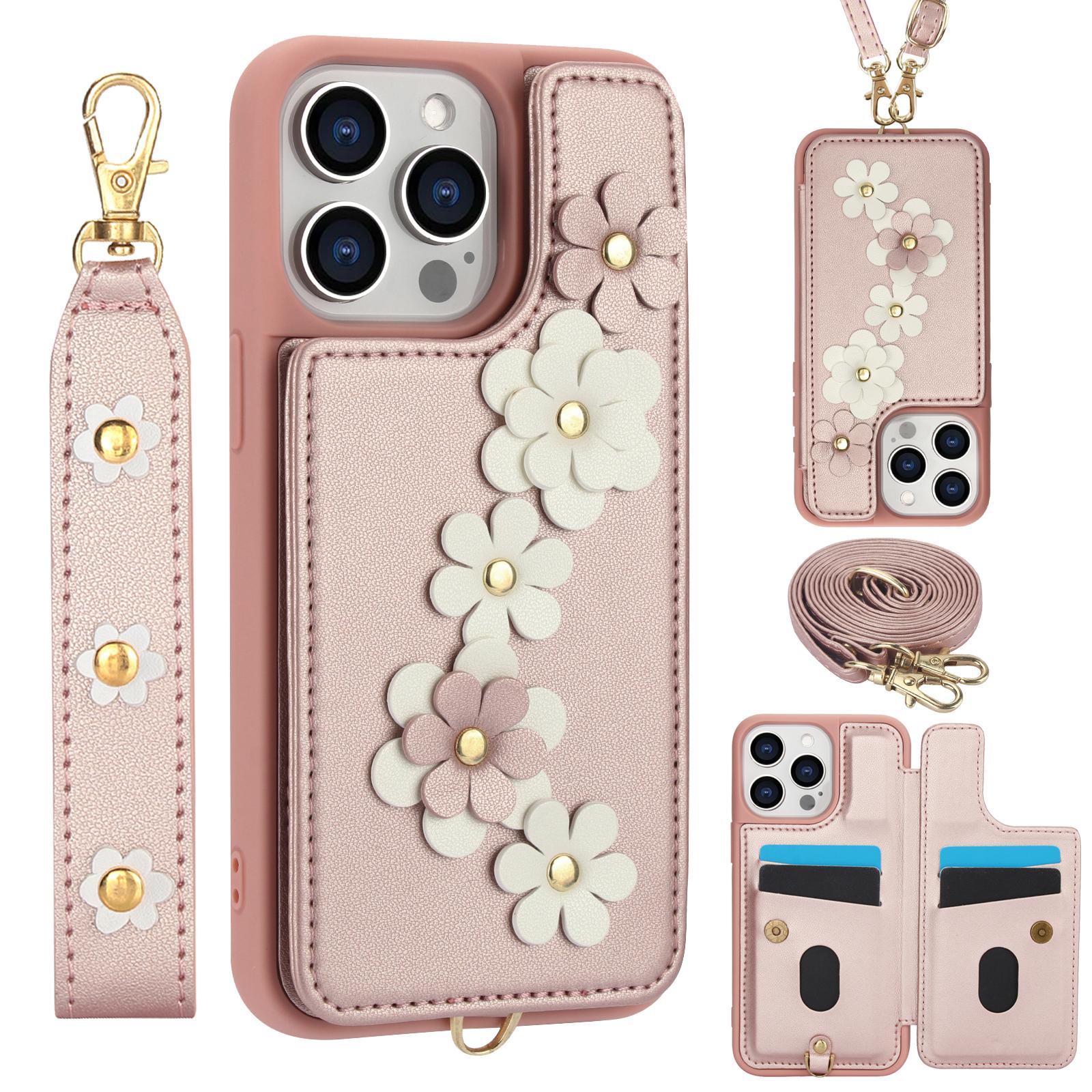 

SY-001 Чохол для iPhone 15 Pro, слоти для карток, шкіряна кришка телефону з квітковим покриттям TPU Pink