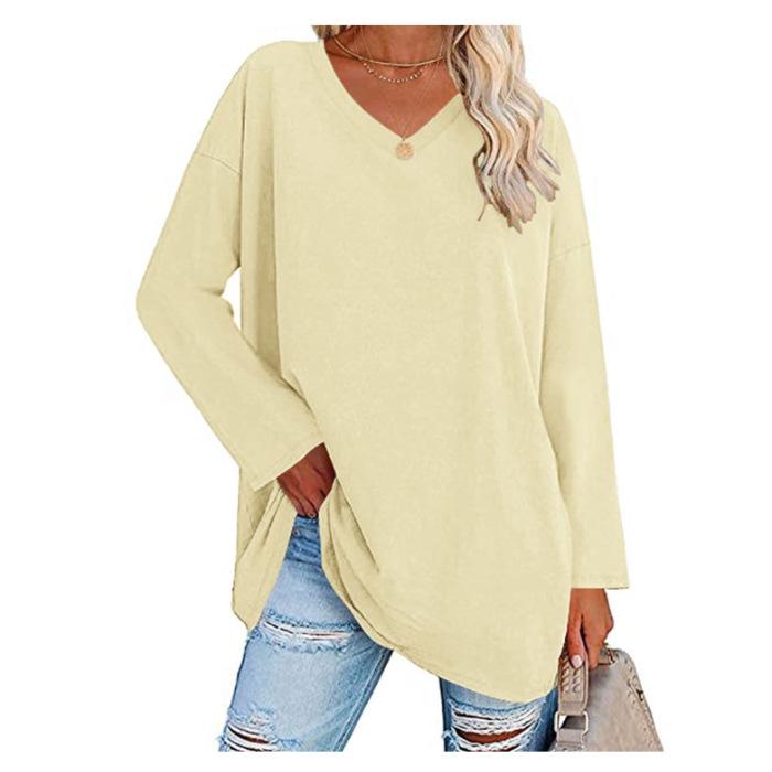 Super Large Multi-color Loose V-neck Women's T-shirt with Drop Shoulder Sleeves