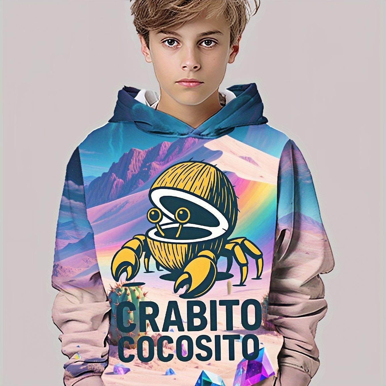 

Boy s Crab and Coconut Pattern Hoodie - Long Sleeve Hoodie, Daily and Beach Travel, Bright Print, Soft Material, Children s Fashion 13-14Y