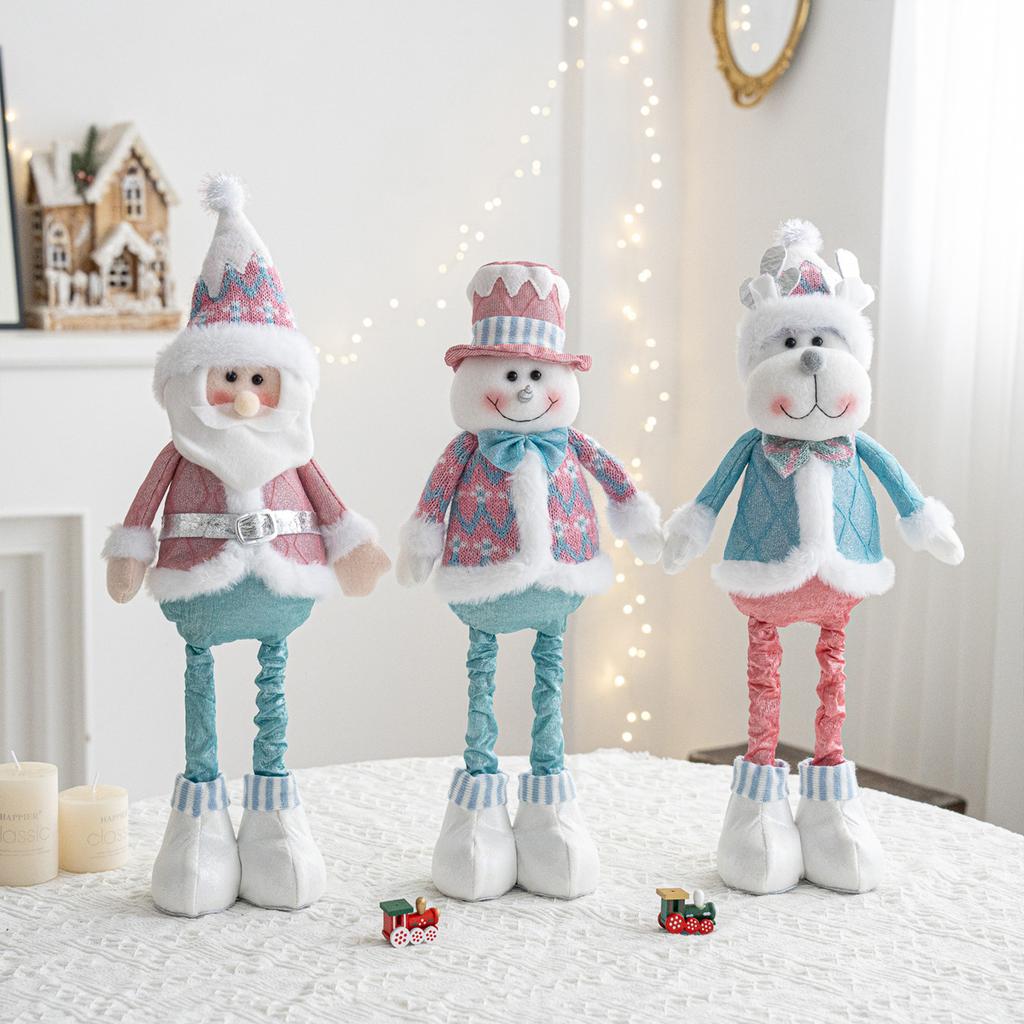 Retractable Santa Snowman Reindeer Plush Doll Set Blue Pink Christmas Decorations for Window Display Home Party