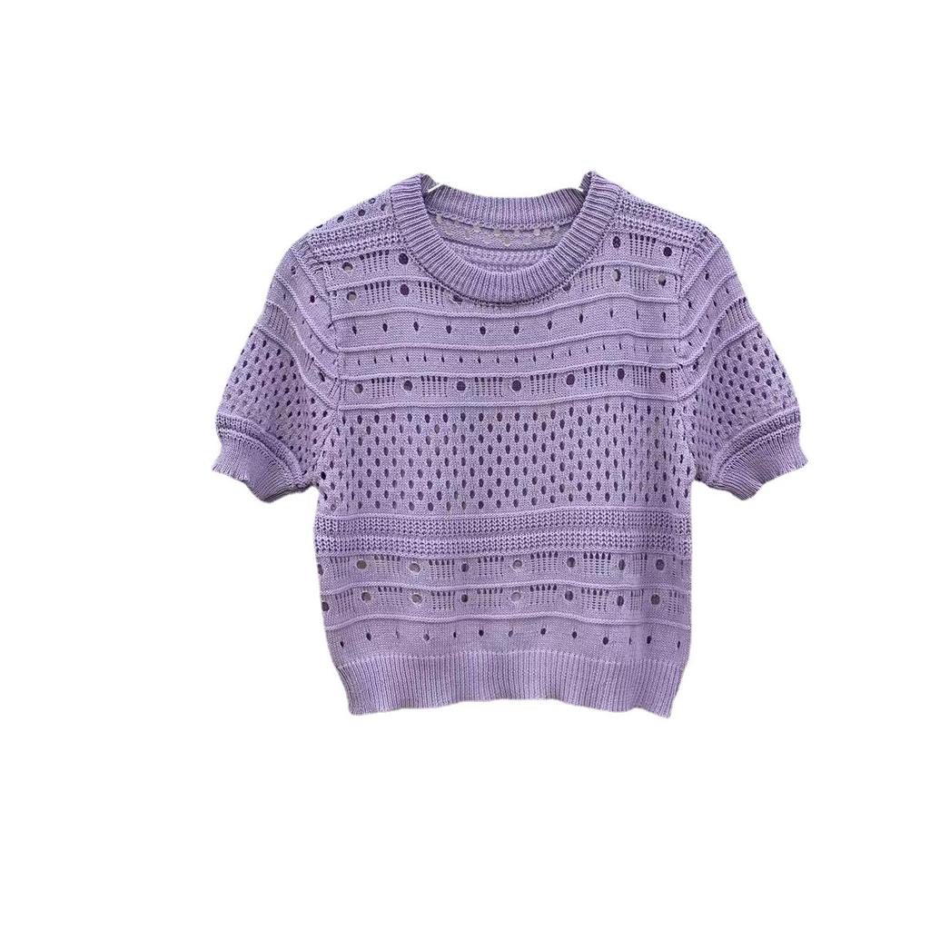 Design Printemps Été Sens du Design Creux Manches Bouffantes Style Étranger Pull Court en Maille Fin Polyvalent Col Rond Hauts Pulls Décontractés pour Femmes T-shirts