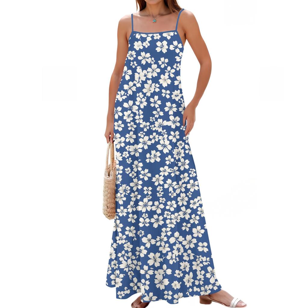 Women's Spring And Summer Casual Fashion Adjustable Suspender Printing Long Dress