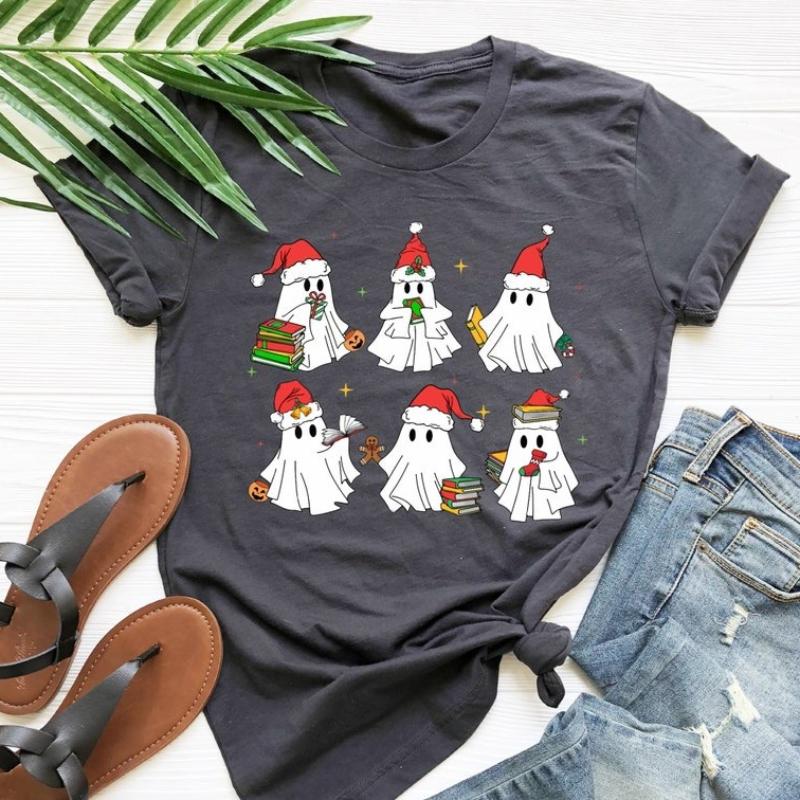 Christmas Ghost Book Cotton TShirt Lover Gift for Worm Bookish Read More Book Book Nerd Breathable Soft Simple Women Clothes S