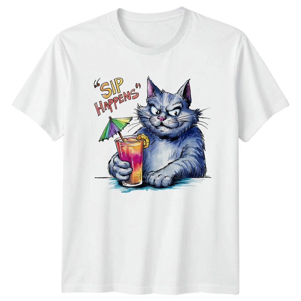 Funny Sip Happens Cat TShirt Sarcastic Drink Humor Tee S