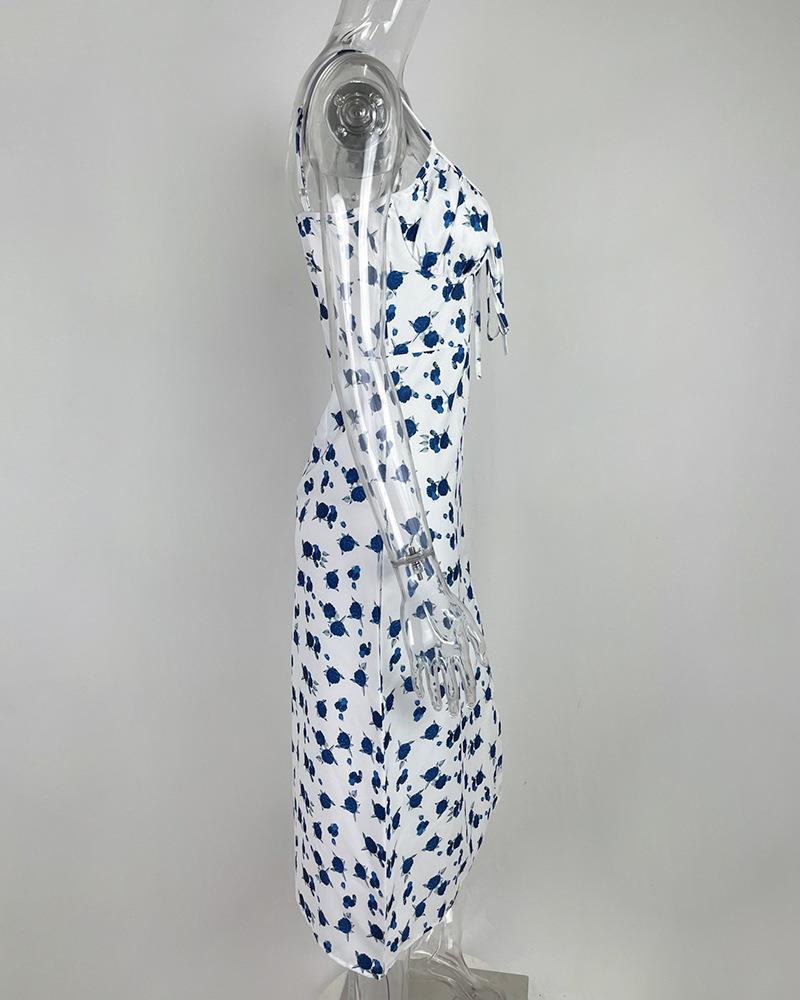 European & American Summer Floral Print Ruched Tie-Up Slit Camisole Dress