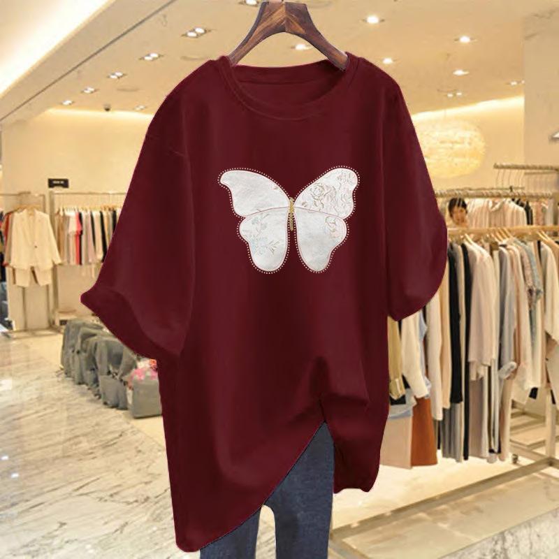 

Dark green T-shirt women s short-sleeved loose 2025 new summer butterfly butt cover large version medium and long pure cotton top XXXL
