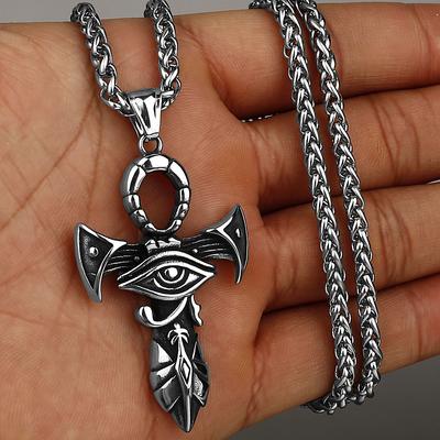 Hnsp 316l Stainless Steel Horus Eyes Cross Pendant Necklace For Men 60cm Chain