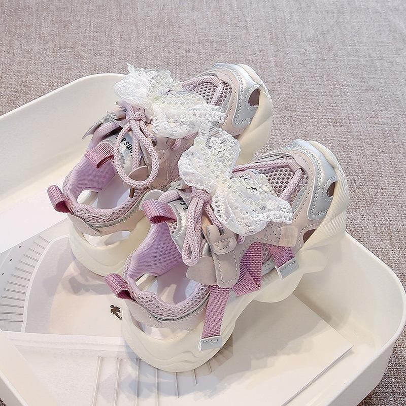 Girls Summer Mesh Sandals Pearl Bowknot Closed Toe Soft Sole Breathable Casual Shoes for Kids 26 size inner length 16.2cm