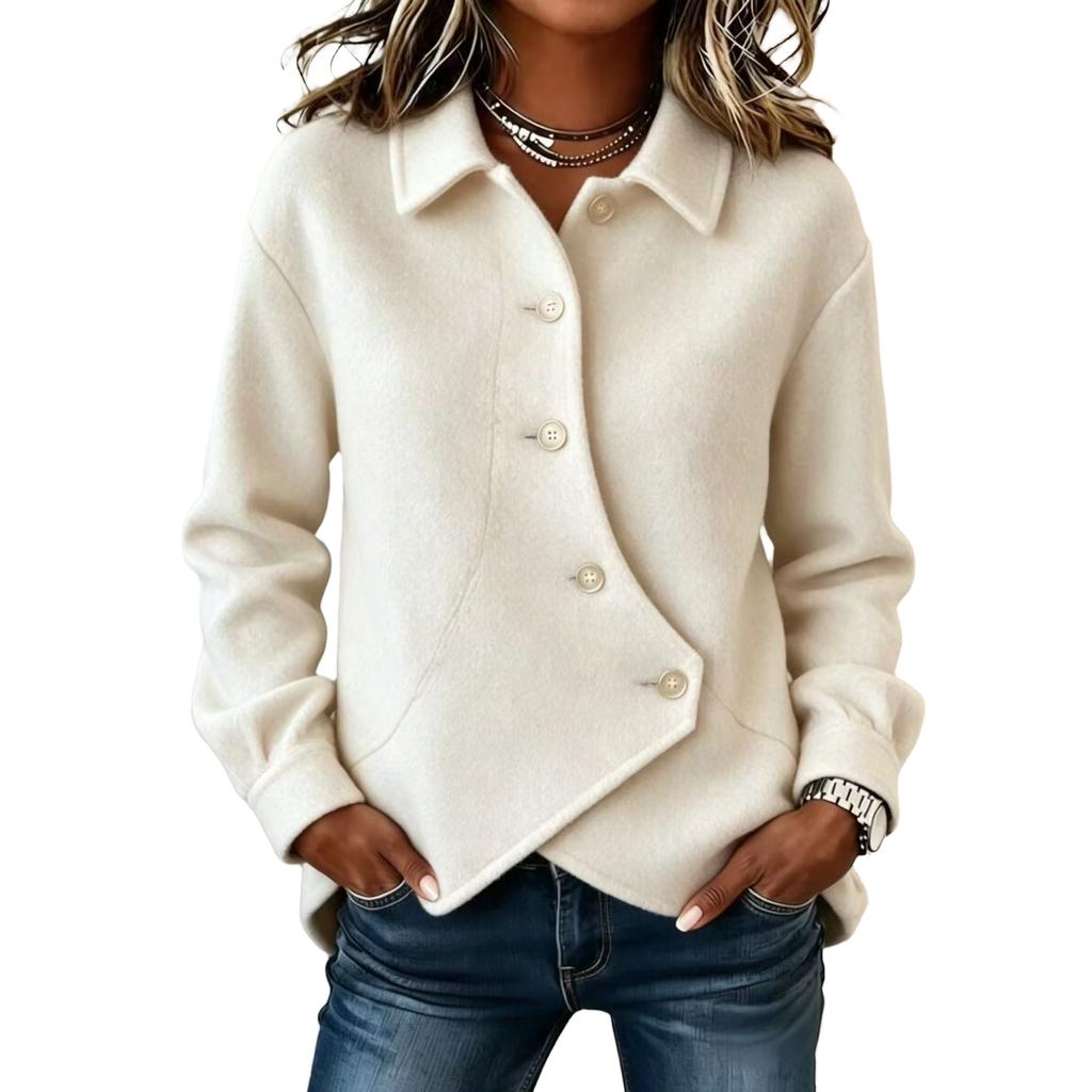 Women's collared button-down design solid-colored wool coat top