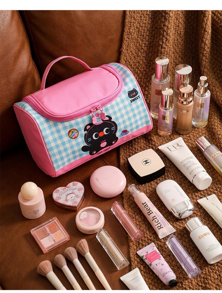 Cute Cat Storage Bag Student Portable Toiletry Bag Travel Storage Bag Cartoon Checkered Color-Block Handheld Makeup Bag