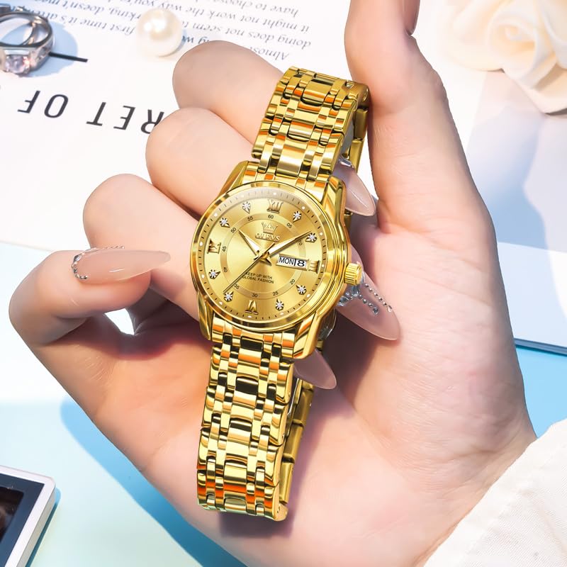 OLEVS Women's Scented Quartz Watch with Metal Band, Waterproof, Luminous, Date Display, Diamonds, Casual and Stylish, Gold