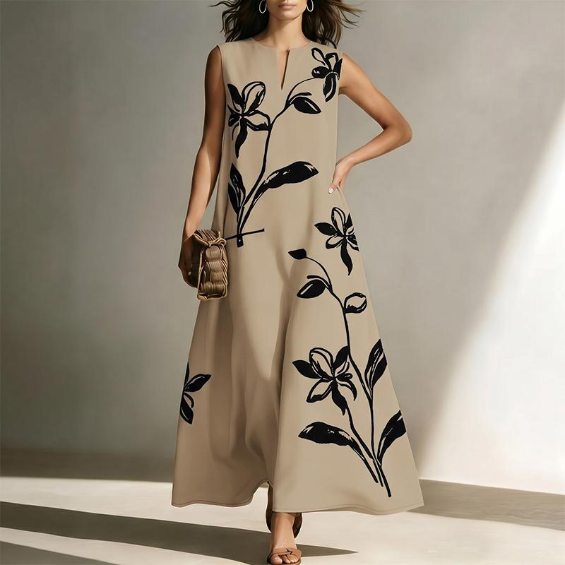 ZANZEA Women Boho Print Loose Casual Round Neck Sleeveless Long Dress