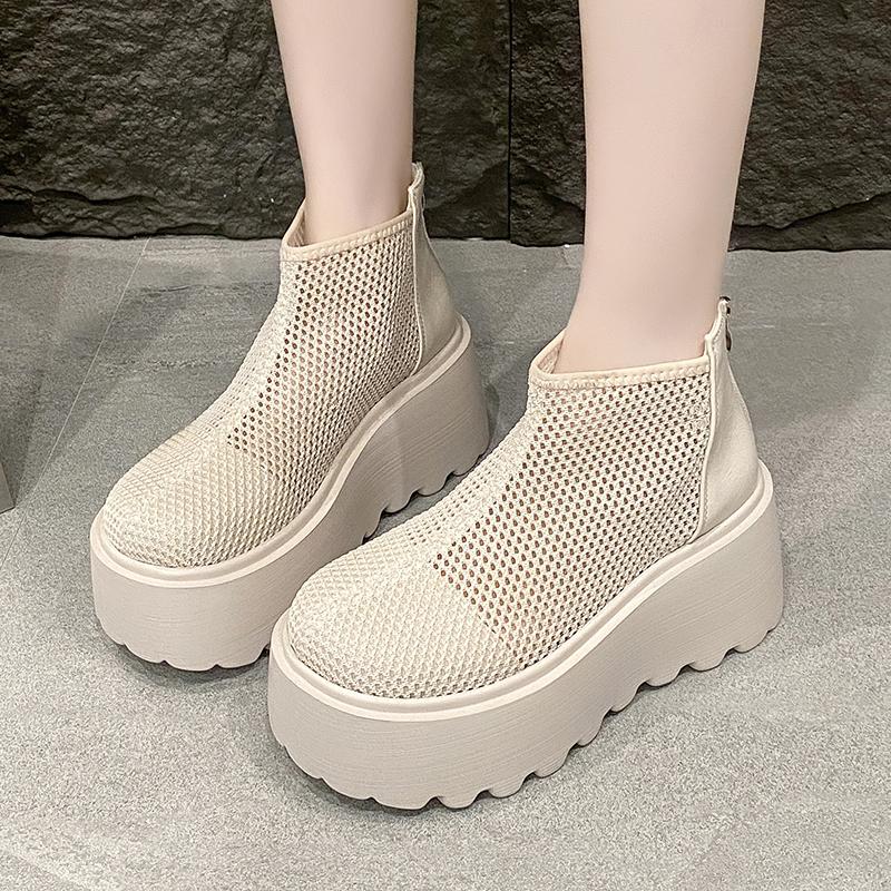 Mote Høye Hæler Kule Støvletter Sommer Ny Rund Tå Mesh Stoff Pustende Bakglidelås Vanntett Plattform Sklisikre Kilehæler