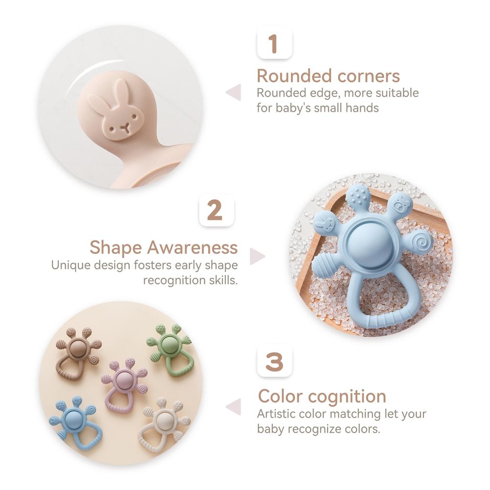 BPA Free Silicone Teether Food Grade Baby 0-12 Toys Teething Rattle Sensory Toys for Toddlers Silicone Hand Bell Soothing Toys